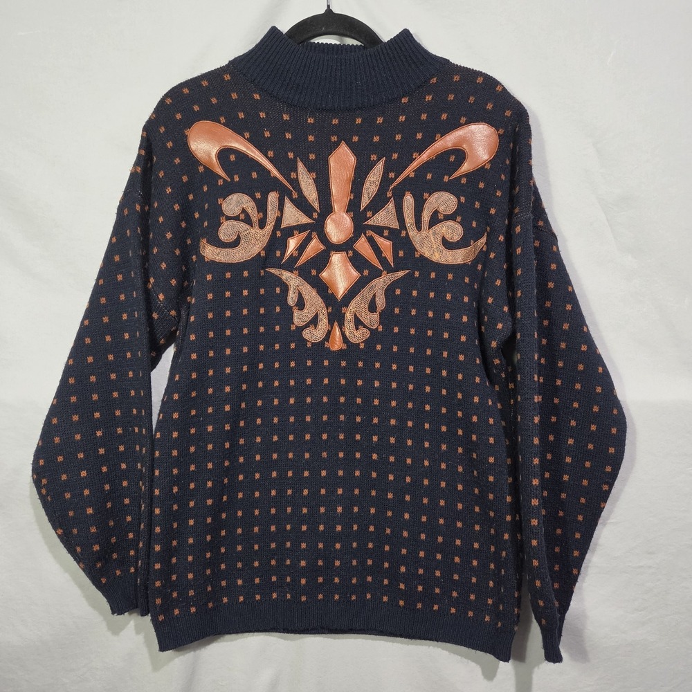 Vintage Tony Lambert Wool Blend Large Navy Sweater Art Wear Abstract Geo Print‎